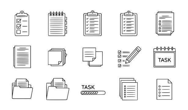 Modern editable line note and task icons for checklist, to-do, and document management