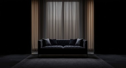 Fototapeta premium Quiet dark space featuring chic black couch with curtain framing