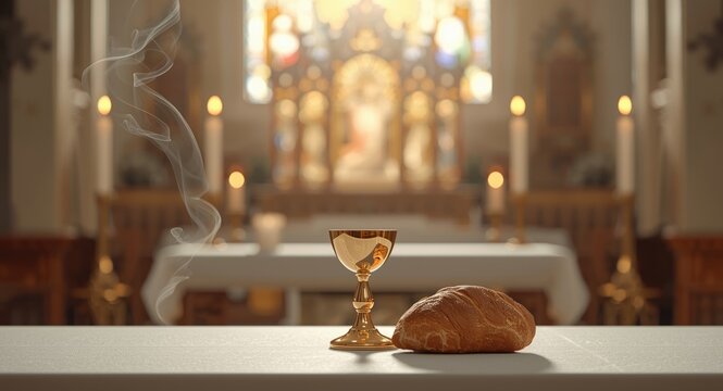 Sacred chalice with crusty loaf of bread in religious setting