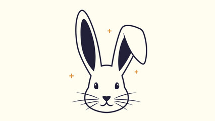 Fototapeta premium Cute rabbit head illustration with long ears, whiskers, and a heart-shaped nose surrounded by small golden cross shapes.