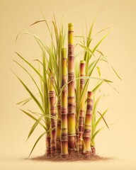 Fototapeta premium Sugarcane clump with visible roots and tall stalks on warm beige background agricultural concept for design, packaging, background