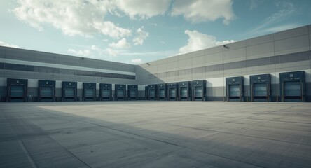 Obraz premium Wide angle view of warehouse exterior featuring cargo loading doors