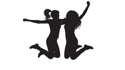 Women jumping silhouette with raised arms celebrating friendship and freedom, two female friends having fun together, black cutout figures isolated on white