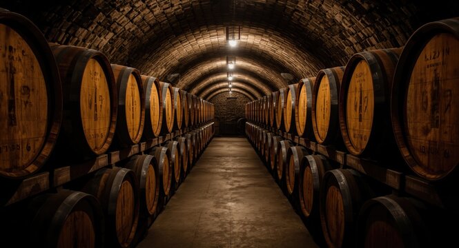 Winery cellar with rows of wooden barrels containing craft beer wine cognac and brandy with copy space