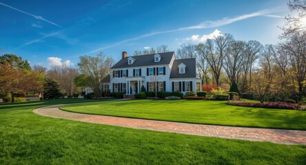 Obraz premium A pristine suburban house with perfectly manicured green lawns on a bright sunny day