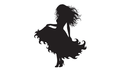 Woman silhouette dancing in flowing dress with windblown hair, elegant female figure pose, black cutout style icon isolated on white background for design