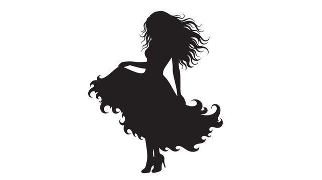 Woman silhouette dancing in flowing dress with windblown hair, elegant female figure pose, black cutout style icon isolated on white background for design