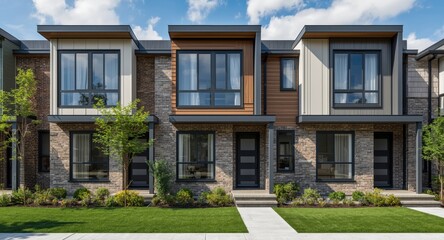 Fototapeta premium Modern residential townhouse exterior with attractive frontal design under clear sky