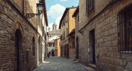 Fototapeta premium Watercolor style digital art depicting tight narrow cobblestone streets in a classical village