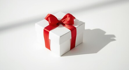 Obraz premium white gift box featuring red ribbon resting on white background with copy space