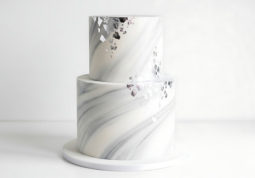 Chic two-tier cake featuring a grey and white marble fondant effect adorned with scattered silver flakes, perfect for modern minimalist weddings and stylish birthday celebrations isolated on a white