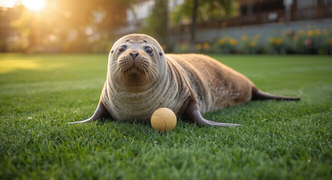 Lively Baikal seal pet performing ball play on rich green grass lawn under summer sun full length