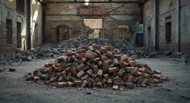 Neglected brick accumulation with coarse texture at abandoned building plot