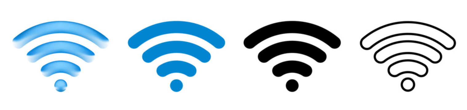 WiFi icon Set &ndash; Glossy, Flat, Solid and Outline Styles, Wireless Signal Symbol Collection Vector	