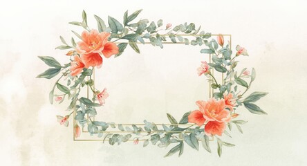 Watercolor frame of freesia blooms and eucalyptus leaves ideal for tropical spring beauty and wedding invitations