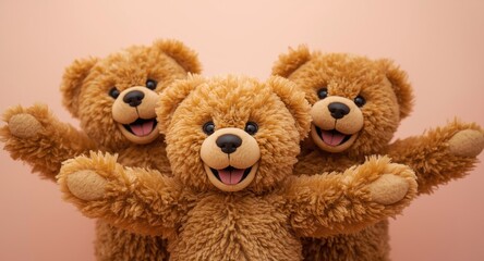 Obraz premium Teddy bear trio expressing happiness in an animated pose