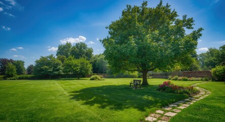 Naklejka premium Tranquil rural garden with vibrant green trees and spacious manicured lawn for copy space