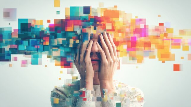 Conceptual illustration of a person covering their face with hands, colorful pixelated patterns emerging from the head in a surreal digital art style