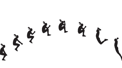 Silhouette athlete sequence showing backflip jump progression, acrobat motion frames in black on white, parkour or gymnastics action with dynamic poses