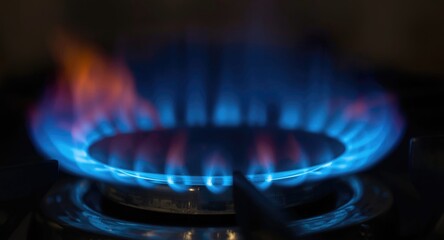 Extreme close view of bright blue gas flame on kitchen cooking stove