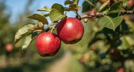Obraz premium Juicy apples hanging from orchard branch with copy space for text or design work