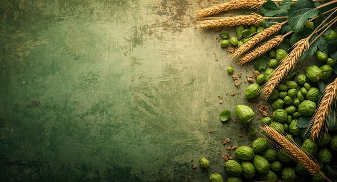 Top view of barley and hops for beer brewing on rustic green background with space for text