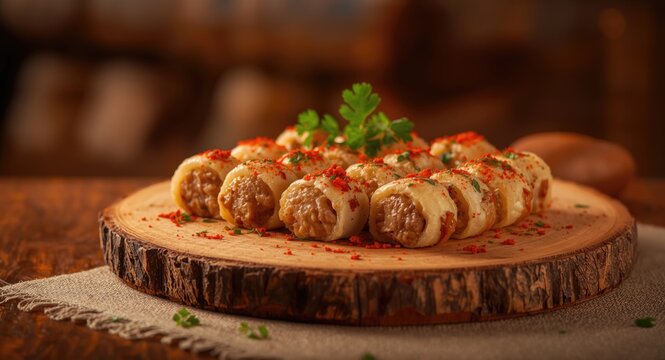 Traditional Romanian mititei meat rolls served on a rustic wooden board