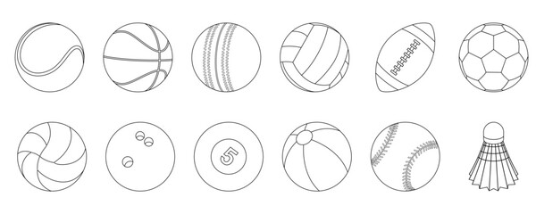 Fototapeta premium Outline collection of sport balls. Soccer, football, basketball, volleyball, polo, tennis, cricket, badminton, bowling, baseball, billiards. Line art doodle style set of sport equipment illustration.