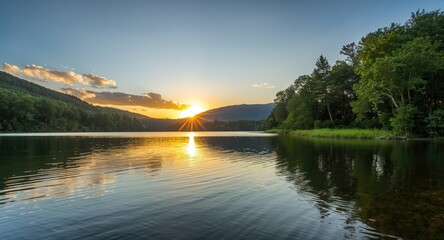 Obraz premium Tranquil early summer sunset casting vibrant cloud reflections on calm lake with lush green hills and trees