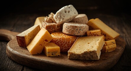 Piled hard cheeses with diverse colors and textures on a rustic wooden tray