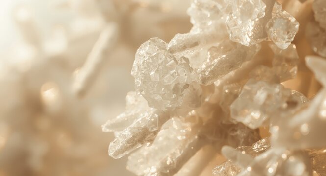 Artistic formation of white refined sugar crystals halted mid air