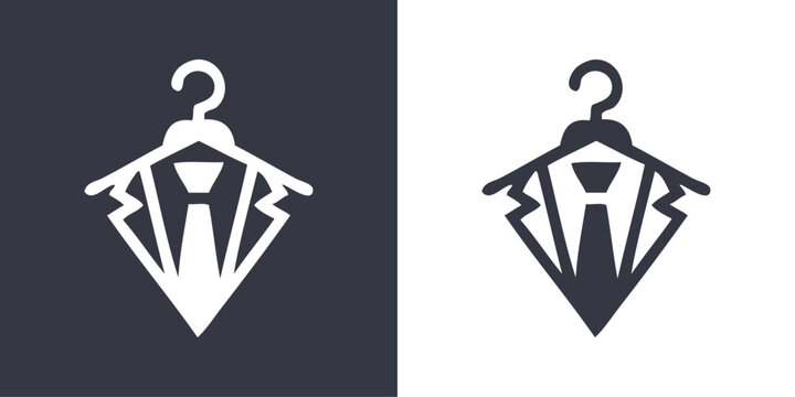Logo sastrer&iacute;a de ropa de caballero. Dibujo con l&iacute;neas de una percha con una chaqueta con camisa y corbata