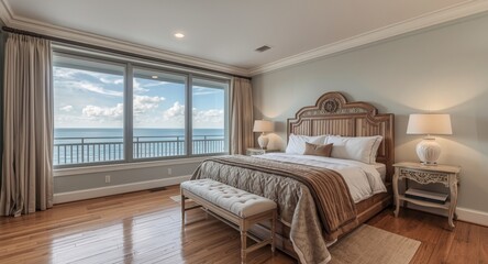 Tasteful bedroom featuring hardwood floors and an artist-crafted headboard with a wide window showing tranquil sea and sky reflections