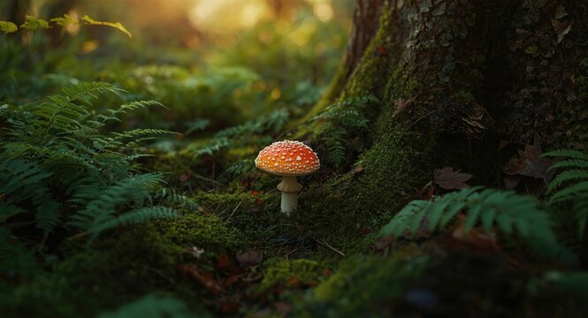 Red toxic amanita mushroom standing out in deep green forest foliage