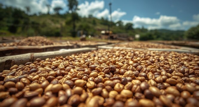 Sun dried coffee beans on rustic farm drying beds