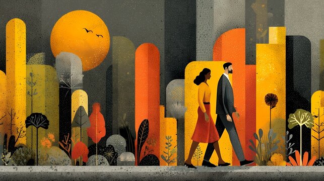 Stylized morning commute for Walk to Work Day, flat Memphis-boho hybrid illustration, whimsical buildings, sun, plants, and geometric pathways, joyful characters walking with rhythmic steps