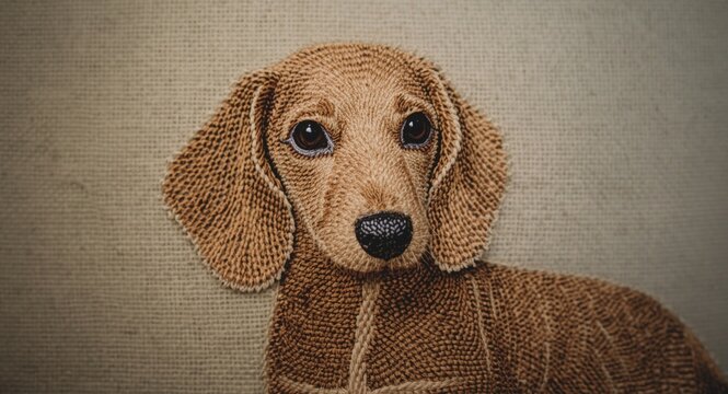 Dachshund Puppy Motif Created in Punch Needle Embroidery Style