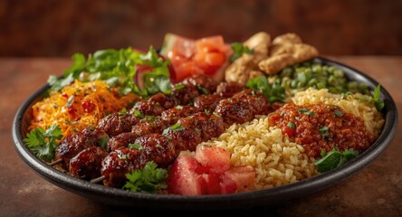 Fototapeta premium Traditional Persian cuisine platter with assorted kababs fresh salads aromatic herbs saffron rice and vibrant fruit garnishes including pomegranate and watermelon