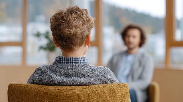 Boy feeling comfortable talking during child therapy session, discussing health with mental psychologist