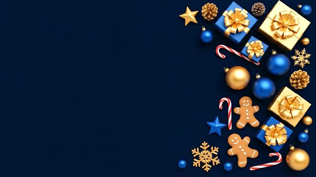 Festive Christmas decorations and gifts on a dark blue background.