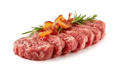 Premium raw filet mignon with bacon and fresh herb garnish isolated on white background ready for cooking gourmet steak meal