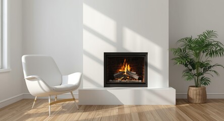 Naklejka premium Welcoming living room with white chair beside lively fireplace