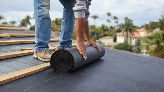 Close up of anonymous male construction worker unrolling black waterproofing bitumen membrane on flat roof. Home renovation, repair and building industry concept