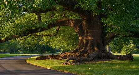 Obraz premium A massive tree with healthy green leaves and a cracked broken limb lying on the lawn next to a driveway
