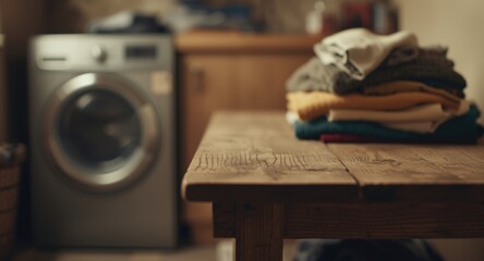 Obraz premium Blurry laundry room scene with washing machine and clothes next to rustic wooden table