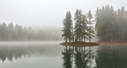 Obraz premium Tranquil foggy evergreen woods surrounding still lake in serene outdoor setting