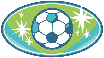 A stylized football graphic centered within a colorful oval, adorned with starburst elements