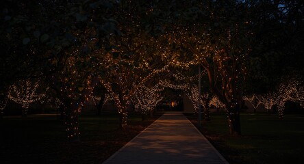 Warm and inviting light from electric garland bulbs in a dark outdoor park