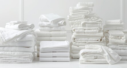 Stacks of hospitality white linens towels bed sheets and essential fabric supplies