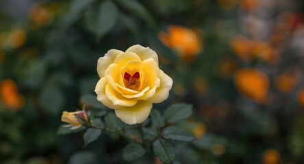 Obraz premium Yellow rose with red heart blossoming in garden flora